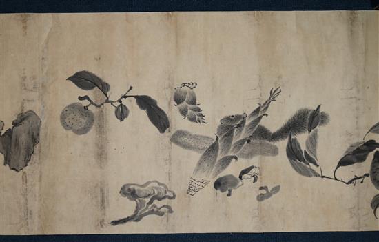 A Chinese ink painted hand scroll, 18th century, 32cm x 391.5cm, old repairs